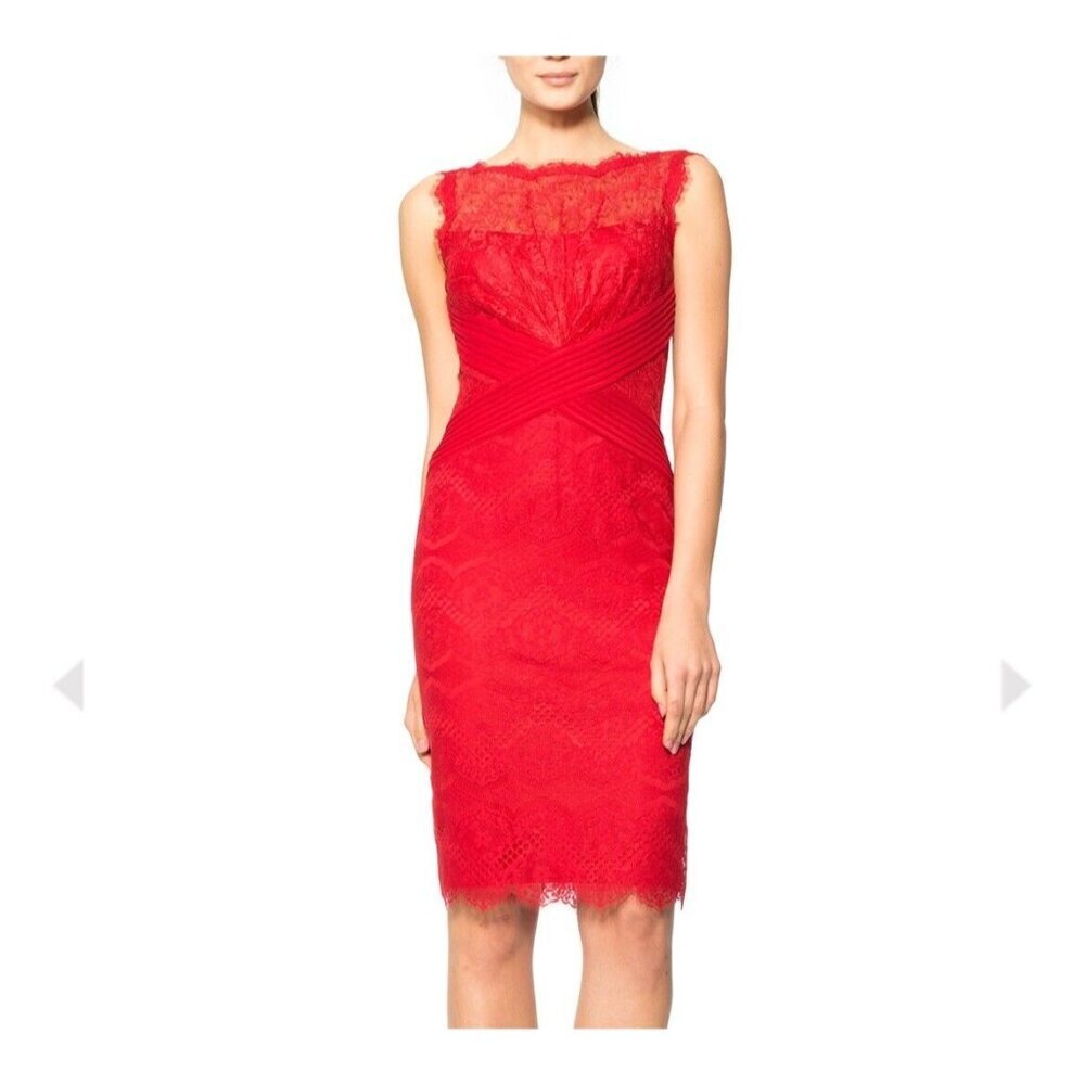 Tadashi Shoji Chantilly Lace Sleeveless Boatneck Sheath Dress Orange Size 12 NWT